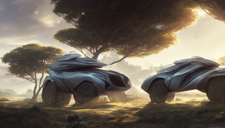 Prompt: a futuristic suv designed by pininfarina driving through madagascar with baobabs trees, artgerm and greg rutkowski and alphonse mucha, an epic fantasy, volumetric light, detailed, establishing shot, an epic fantasy, trending on art station, octane render, midsommar