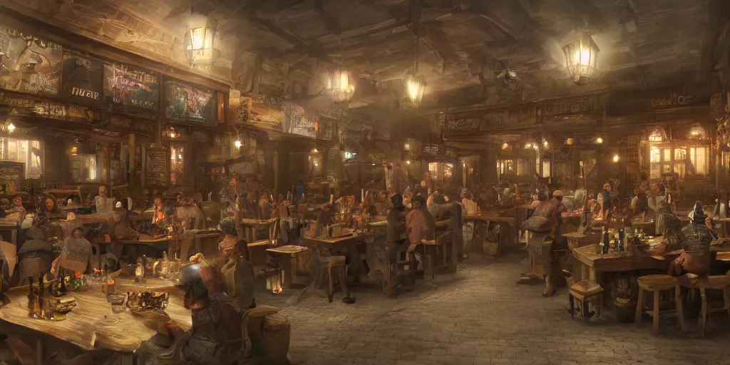 Image similar to Matte painting of a busy tavern for warriors, volumetric lighting, high details, 4k, photo realistic, sharp details