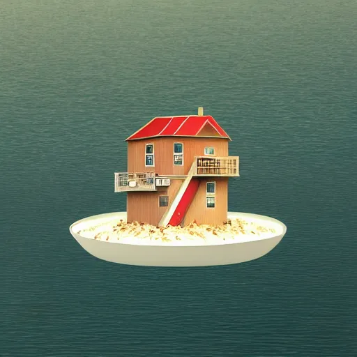 Prompt: a picture of a floating island with a house on it, an album cover by Justin Currie, polycount, plasticien, made of plastic, concert poster, made of trash