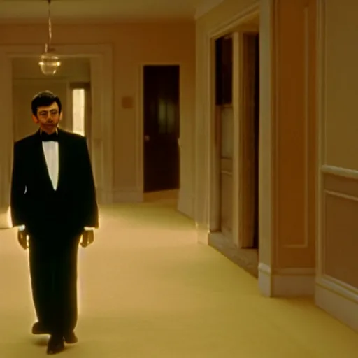 Image similar to mr bean in the shining, movie still, cinematography, cinematic lighting