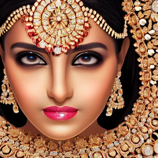 Prompt: portrait of wonderful hindi princess of diamond with radiant skin, ornate with diamonds, 8 k, gorgeous, intricate, detailed, glowing white accent lighting, dramatic lighting, octane render