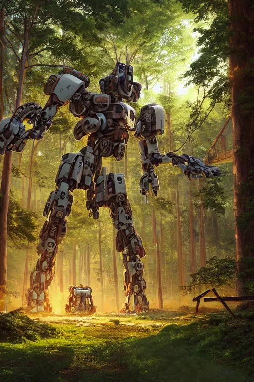 Prompt: giant wooden mecha, constructing organic wooded self growing tree building, solarpunk, organic bioluminescent street lights, forest canopy understory, cinematic lighting, sunset, octane render, 3 d pixar disney digital cgi rtx hdr painting, highly detailed, artstation cgsociety masterpiece, by syd mead, greg rutkowski, wlop, artger