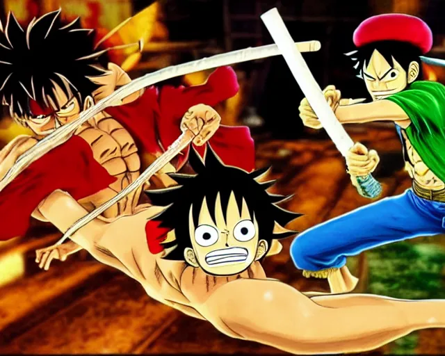 Image similar to Monkey D. Luffy and Roronoa Zoro fighting in Street Fighter III (1997)