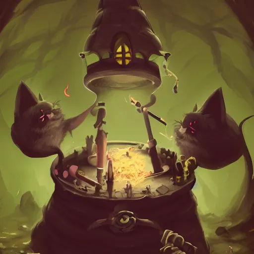 Prompt: Anthropomorphized cat witch brewing potion, evil smile, witch Hut, witch hat, dark fantasy, magic the gathering artwork, D&D, fantasy, cinematic lighting, centered, symmetrical, highly detailed, digital painting, artstation, concept art, smooth, sharp focus, illustration, volumetric lighting, epic Composition, 8k, art by Akihiko Yoshida and Greg Rutkowski and Craig Mullins, heroic pose, oil painting, cgsociety