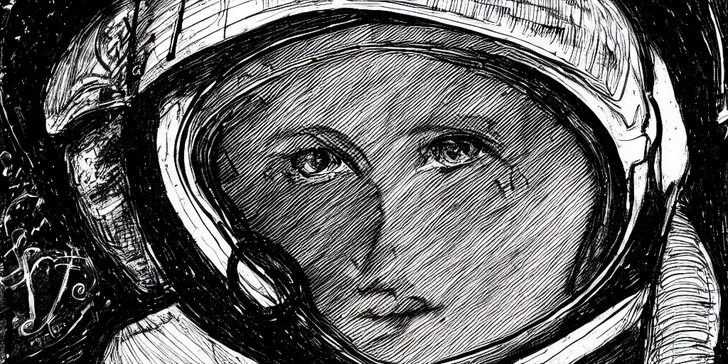 Prompt: ink lineart drawing portrait of a woman wearing a space helmet, closeup of her eyes, space background, artstation, etchings by goya, chinese brush pen, illustration, high contrast, deep black tones contour