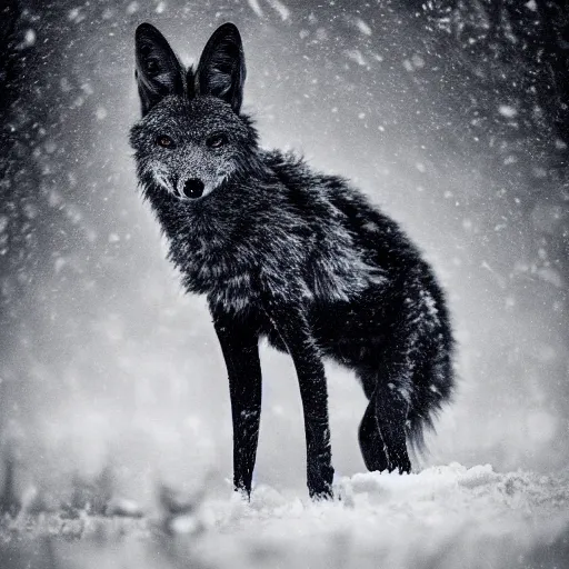 Image similar to an award winning National Geographic picture of a black Jackal wearing a denim Jacket in the snow by Lee Jeffries, 85mm ND 5, perfect lighting in a snow storm