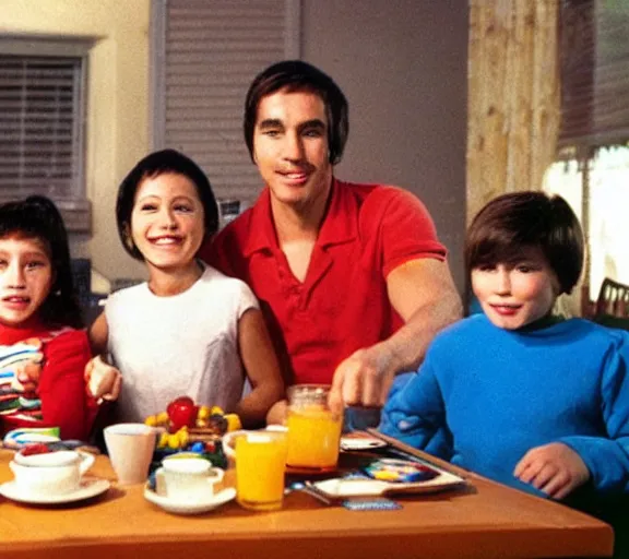 Prompt: color photo still of pac - man and ms pac - man and family at the breakfast table