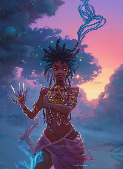 Image similar to beautiful black woman casting magical spells with powerful crystals, beaded dreadlocks and kemetic imagery, 2 d game fanart behance hd by jesper ejsing, by rhads, makoto shinkai and lois van baarle, ilya kuvshinov, rossdraws, dramatic sunset, global illumination, radiant light, detailed and intricate environment