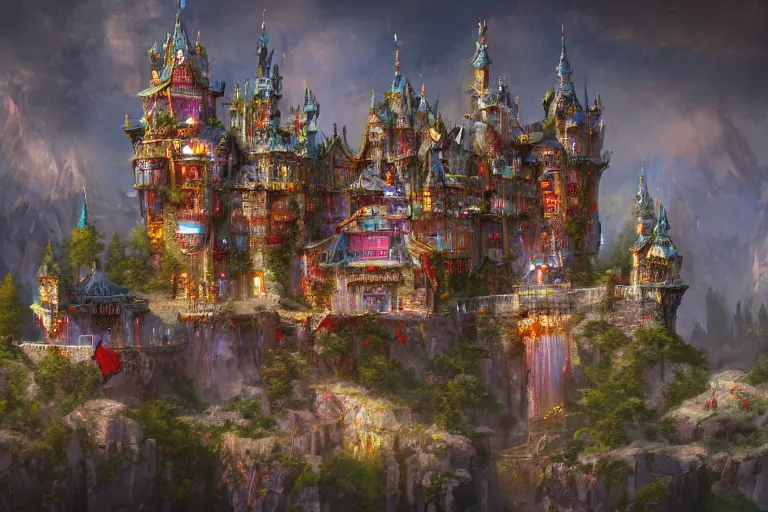 Image similar to beautiful extravagant castle, colorful, majestic, artstation, trending, highly detailed, concept art by li shuxing