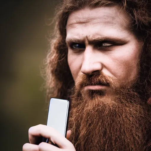 Prompt: photography portrait of a germanic pagan man holding a cell phone, early middle ages, leica 1 0 0 mm f 0. 8