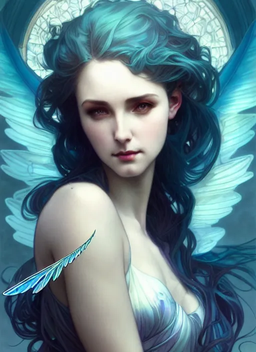 Image similar to a beautiful cinematic female archangel queen, fantasy sea landscape, fantasy magic, short aqua blue black fade hair, dark light night, intricate, elegant, sharp focus, illustration, highly detailed, digital painting, concept art, matte, art by WLOP and Artgerm and and Alphonse Mucha, masterpiece