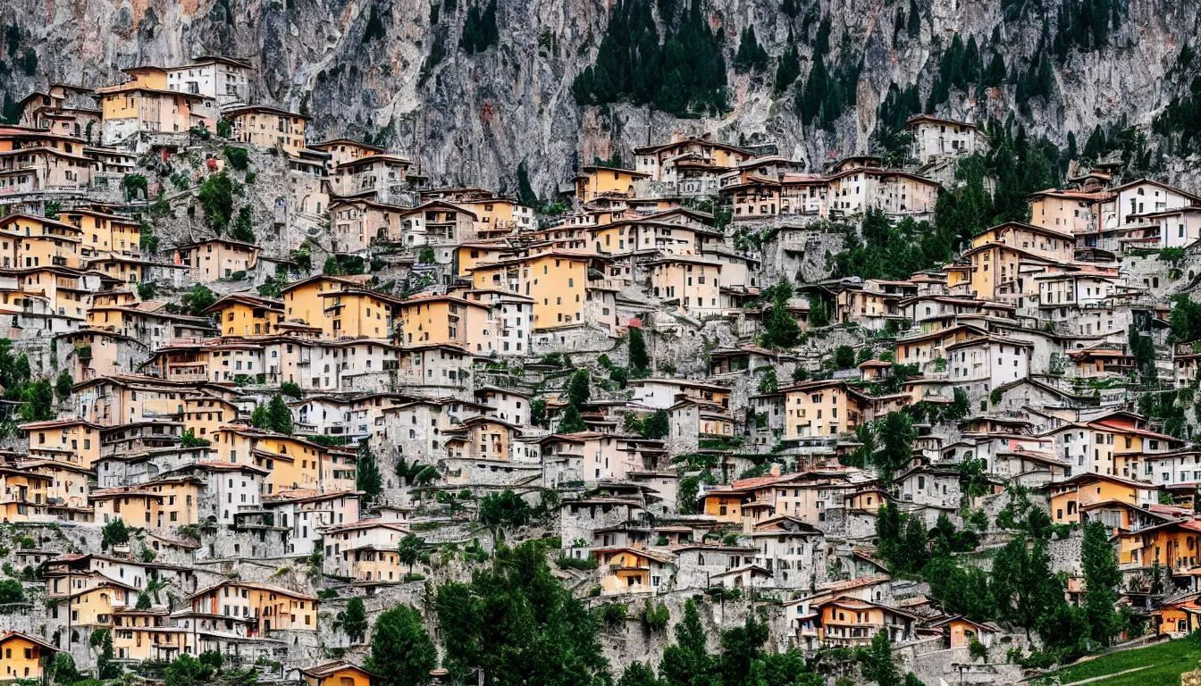 Image similar to an italian town in the dolomites mountains, volcanic eruption