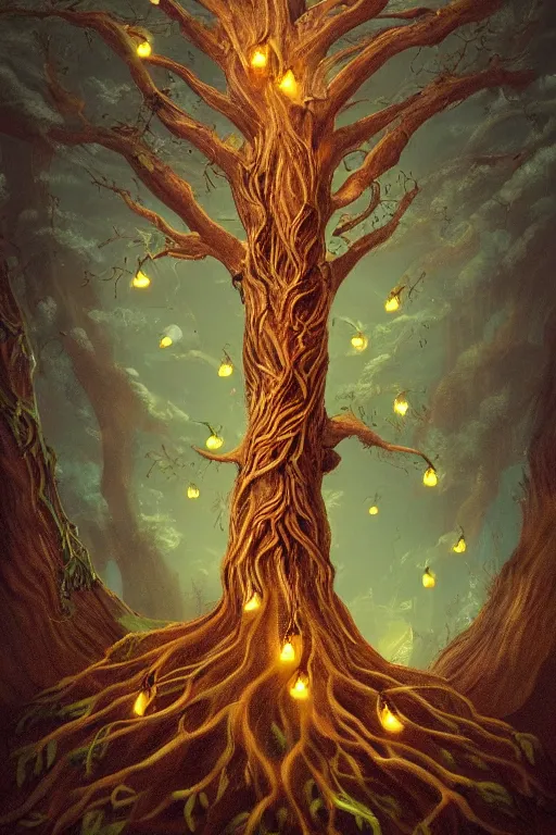 Image similar to a beautiful digital illustration painting of a detailed gothic fantasy fireflies and roots, fantasy tree with heart carved into the bark by giorgio de chirico, and david rios ferreira. 8 k resolution trending on artstation concept art digital illustration