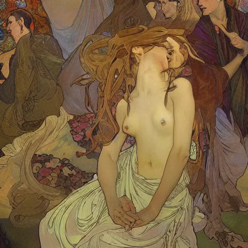 Prompt: a masterpiece painting by alfons mucha exposed at the louvre : the death of revolution