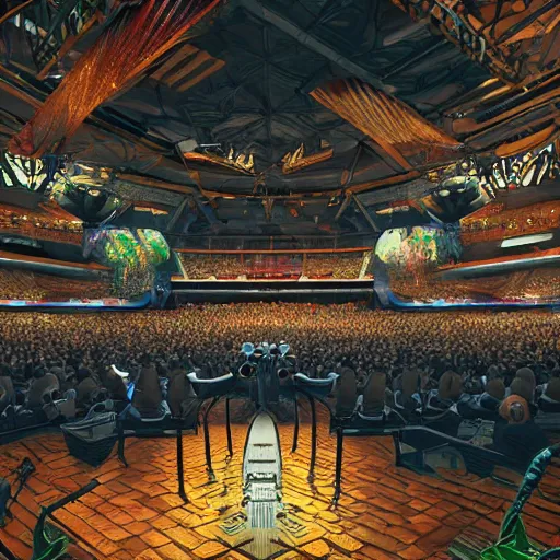 Prompt: a virtual reality concert venue with amazing atmosphere. highly detailed. trending on artstation.