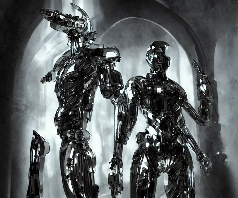 Image similar to translucent cyborg, metal throne, futuristic castle, fantasy sci - fi, sharp lines, metallic, 7 0 mm focus