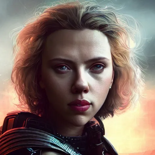 Image similar to scarlett johansson portrait, dystopia core, apocalyptic, armor, warrior, dramatic, sharp focus, fiction, neon, fantasy, hyper detailed, digital art, trending in artstation, cinematic lighting, studio quality, smooth render, unreal engine 5 rendered, octane rendered, art style and nixeu and wlop and krenz cushart