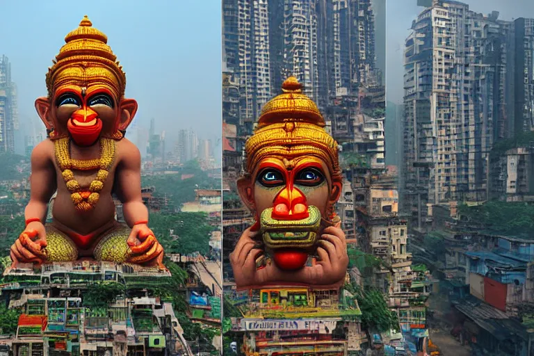 Image similar to high quality 3 d cyberpunk biomorphic hanuman head building in the middle of mumbai!!, kalighat highly detailed, cinematic smooth, stephen shore & john j. park, soft morning light, wide shot, high angle, uhd 8 k, deep focus