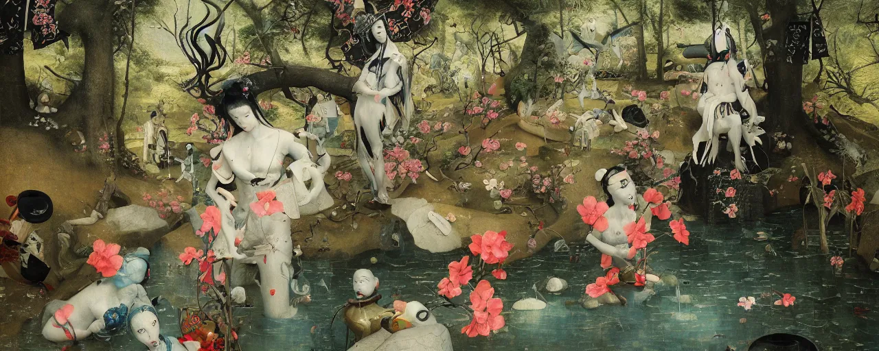 Image similar to Japanese Garden by Hieronymus Bosch and James Jean, Ross Tran, Porcelain Japanese Mannequins, HD, hypermaximalist, 8k, surreal oil painting, highly detailed, dream like, masterpiece