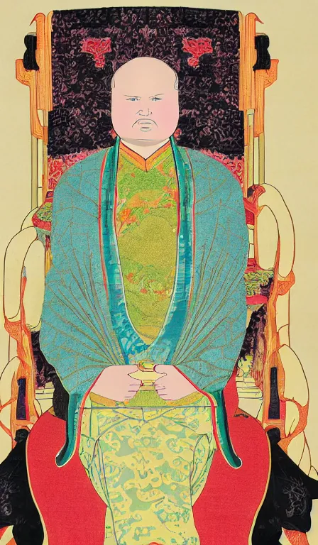 Image similar to Bobby Hill sits on his throne as emperor of Hill Dynasty China, ink and color on silk, imperial portrait