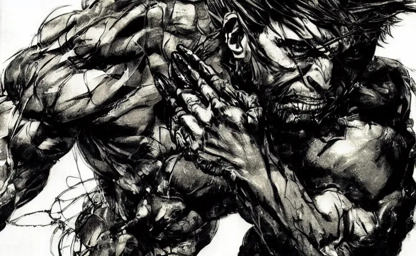 Prompt: yoji shinkawa drawing of gollum as solid snake, metal gear solid