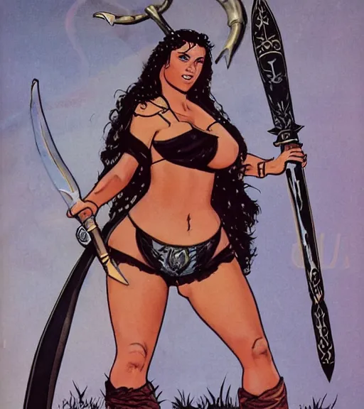 Prompt: 1 9 8 0 s fantasy novel book cover, bbw plus size amazonian young courtney cox in extremely tight bikini armor wielding a cartoonishly large sword, exaggerated body features, dark and smoky background, low quality print