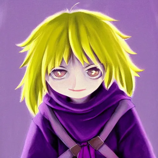 Prompt: little boy wearing nun outfit, blonde hair. purple and yellow color palate, detailed soft painting, made in abyss art style, anatomically correct