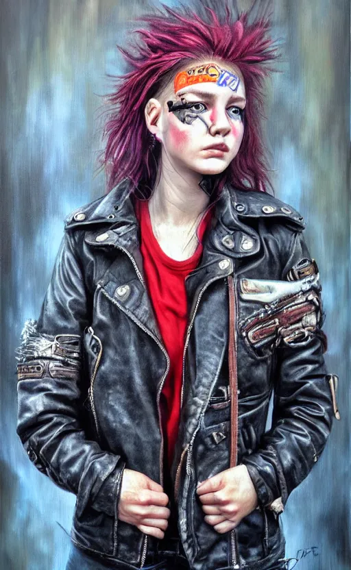 Prompt: cute punk rock girl, mad max jacket, renaissance, cables on her body, hyper realistic style, oil painting, fantasy by Olga Fedorova