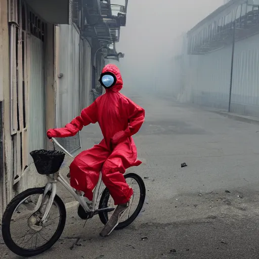 Image similar to a photo of a female wearing a hazmat suit, riding a bike, side-view, smoke in the background, filthy streets, broken cars. Vines growing. Jpeg artifacts. Full-color photo. Color color color color color. Award-winning photo. OM system 12–40mm PRO II 40mm, 1/100 sec, f/2 8, ISO 800