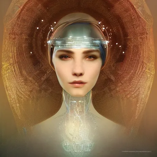 Image similar to portrait of a humanoid robot wearing a veil, mystic, mystical, robot body, intricate, headshot, highly detailed, digital painting, artstation, concept art, sharp focus, cinematic lighting, digital painting, art by artgerm and greg rutkowski, alphonse mucha, cgsociety