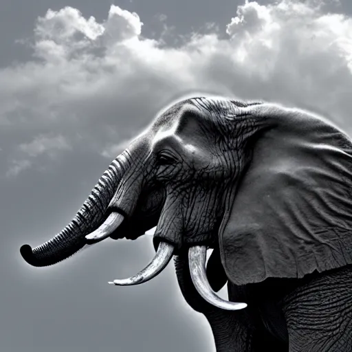 Prompt: elephant with angel wings flying through the clouds photo