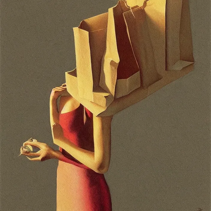 Image similar to beautiful female paper bags, artstation, art by, , edward hopper, Zdzislaw Beksinski, highly detailed