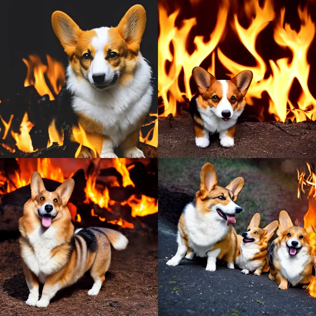 Prompt: A cerberus corgi surrounded by fire