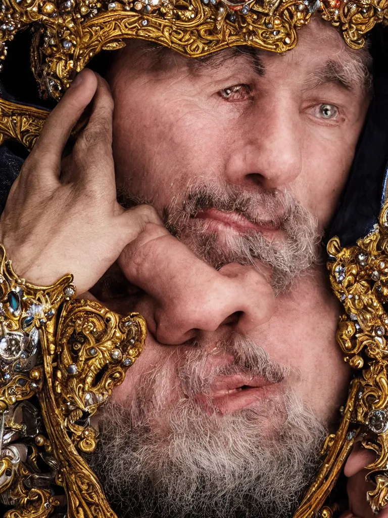 Prompt: a high-resolution color-chrome extreme closeup portrait photo of a medieval priest, kissing a incredible elegant pale renaissance rococo Queen, with ornate jewelled, rococo Queen, sci-fi, high-tech, beautiful low light, style Steve McCurry Octane render 8k