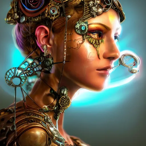 Image similar to Photorealistic steampunk goddess. Hyperdetailed photorealism, 108 megapixels, amazing depth, glowing rich colors, powerful imagery, psychedelic Overtones, 3D finalrender, 3d shading, cinematic lighting, artstation concept art