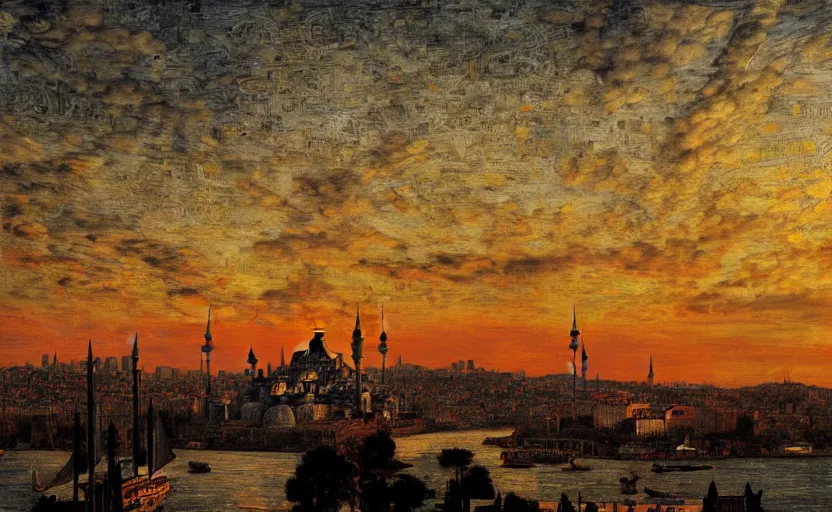 Prompt: skyline of istanbul at sunset, by edgar maxence and caravaggio and michael whelan and delacroix style, artistic, intricate drawing, cinematic lighting, hyper realistic, extremely detailed, establishing shot, 8 k resolution, dramatic lighting