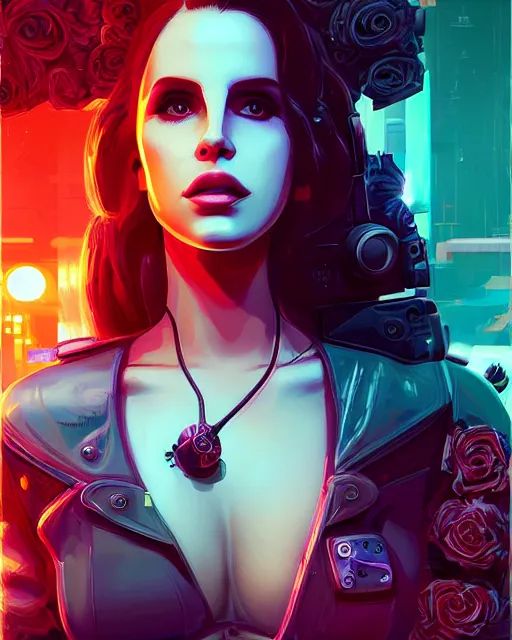 Image similar to portrait of lana del rey as a cyberpunk cyborg. roses, sci - fi, missing panels, intricate abstract, upper body, intricate artwork, by tooth wu, wlop, beeple, dan mumford. concept art, 8 k octane render, deviantart, greg rutkowski, cinematic, key art, hyperrealism, iridescent accents