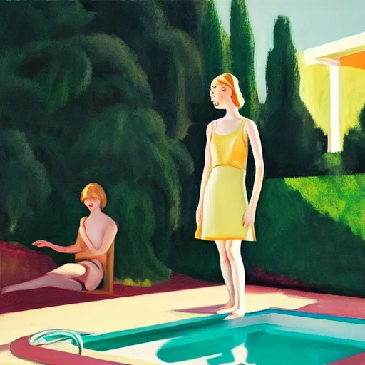 Prompt: Elle Fanning, next to a pool, golden hour, in a garden, artstation, in the style of Art Deco and Edward Hopper