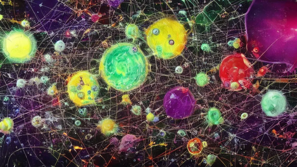 Image similar to a beautiful dreamy painting of a viruses inside a high-resolution television screen, dark, sinister, detailed scientific and mathematical diagram and retro sci-fi style