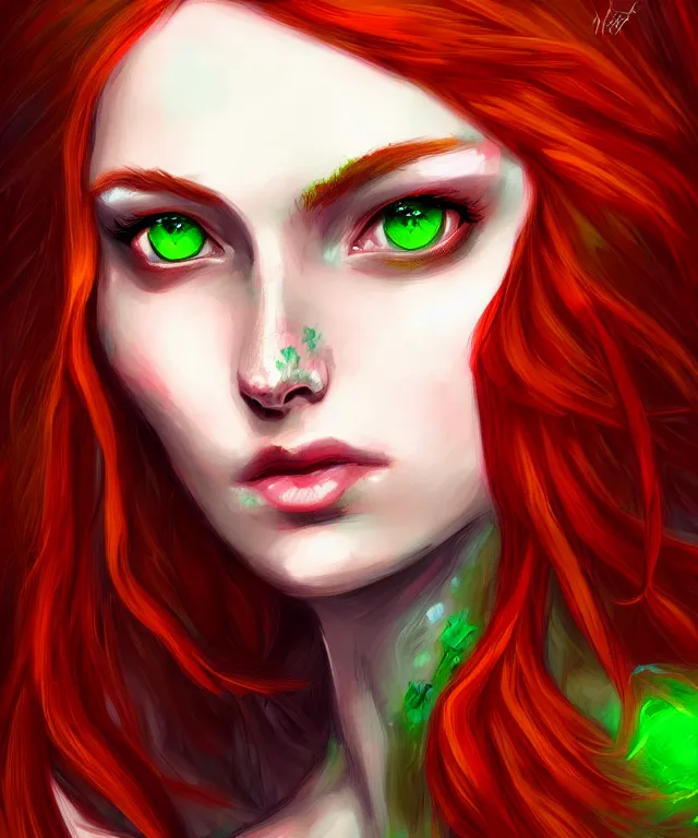 Prompt: Fae teenage girl, portrait, face, long red hair, green highlights, fantasy, intricate, elegant, highly detailed, digital painting, concept art, sharp focus