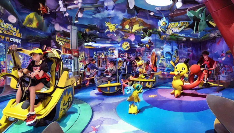 Prompt: 1990s photo of inside the Pokémon themed Ride at Universal Studios in Orlando, Florida, children riding through a Pokémon gym where Pokémon are battling, cinematic, UHD