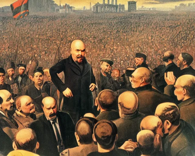 Image similar to lenin addressing a crowd, soviet propaganda posterm