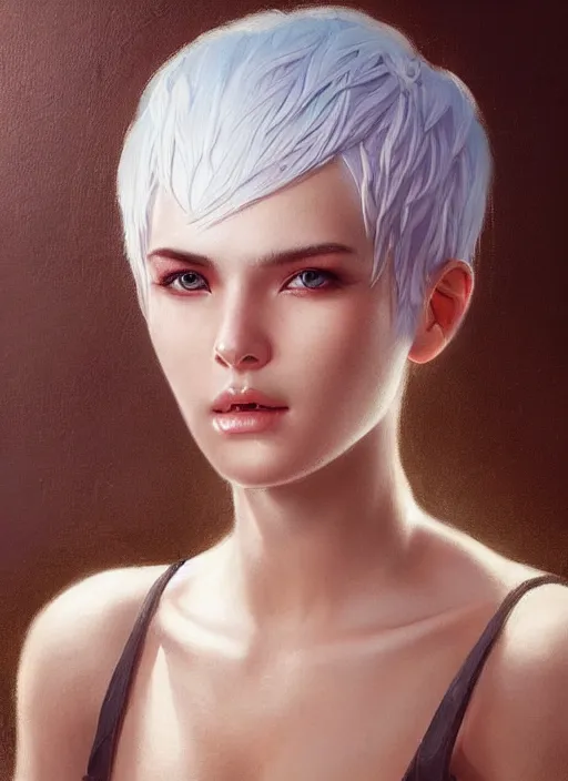 Image similar to girl with short white hair, beautiful highly detailed face, complementary lighting, backlit, divine, beautiful painting by artgerm and greg rutkowski and raymond swanland