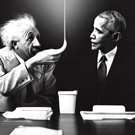 Image similar to Einstein and Obama taking a shit on table at McDonalds, ultra detailed, photorealistic, dramatic lighting