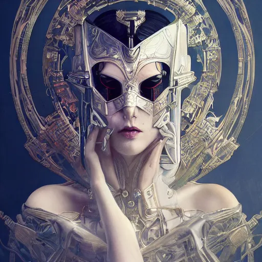 Image similar to a cyborg empress with mask, art nouveau ivory accessories, cyberpunk, darksynth, luxury, concept art by jama jurabaev, extremely detailed, ominous, ethereal, artstation, andree wallin, edvige faini, balaskas, alphonse mucha, symmetry