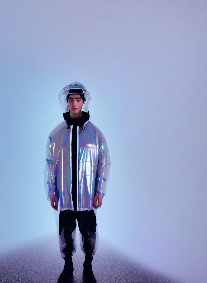 Image similar to an ultra high definition professional studio quality photograph of a single android influencer with silver skin wearing a transparent iridescent pastel coloured visor and matching wavey raincoat on white hook in a sheer icelandic black rock environment. three point light. dramatic lighting. volumetric shadows. light rays