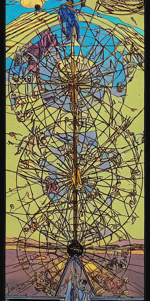 Image similar to the tarot card of the wheel of fortune painted by moebius.