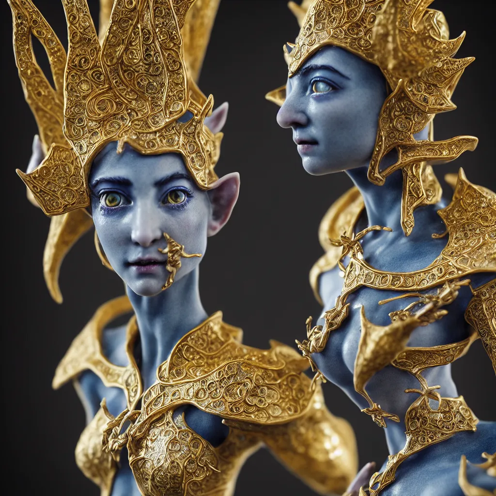 Prompt: a closeup photo - real delicate ceramic porcelain sculpture of an ornate detailed elf in front of an intricate background by rafael, micro detail, backlit lighting, subsurface scattering, translucent, thin porcelain, octane renderer, black and blue and gold jewelry, physically based rendering, trending on cgsociety