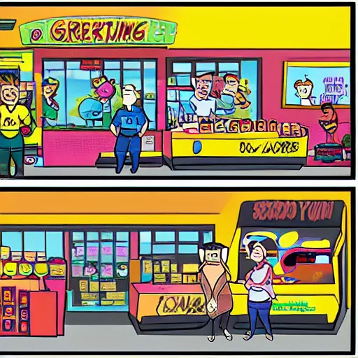 Prompt: teens visiting groceries store artwork by z toon comics