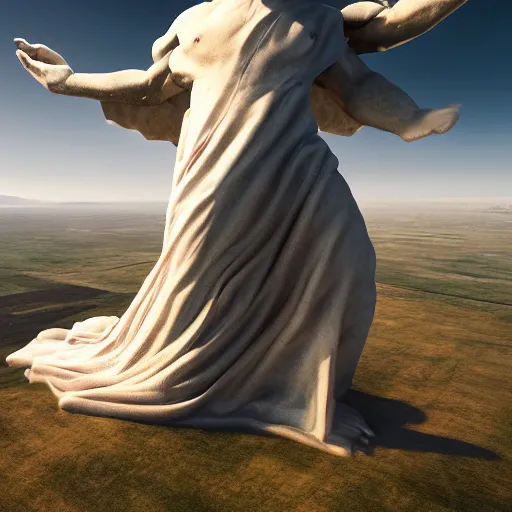 Image similar to gigantic biblical depiction of an angel towering over a vast landscape, cinematic, realistic, geometric body, photorealistic, detailed, white body, global illumination, volumetric lighting, 8 k, god rays, beautiful, majestic clouds